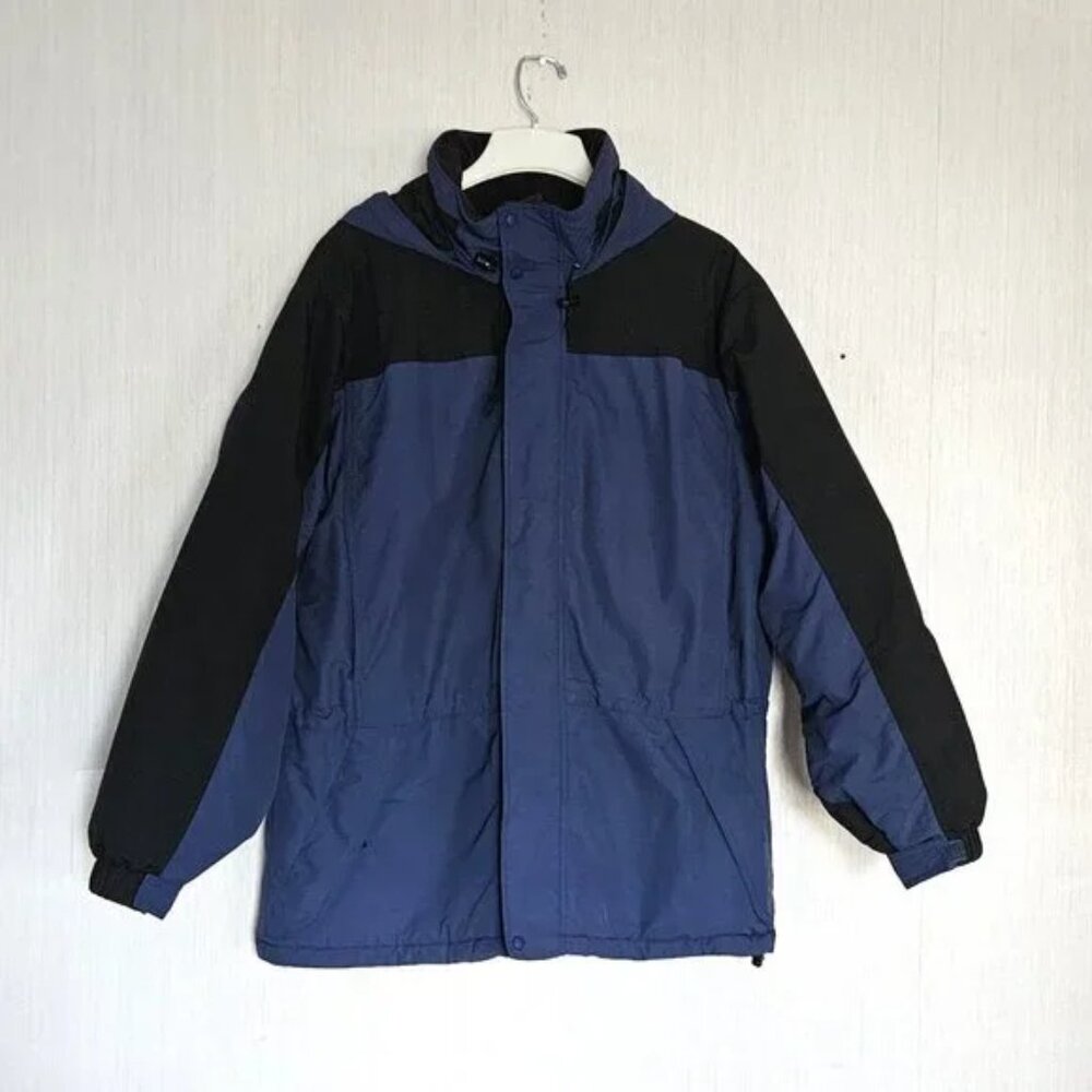 L L Bean Men's Vintage Jacket Hood Zip Snaps Insulated Blue Black size XL Reg